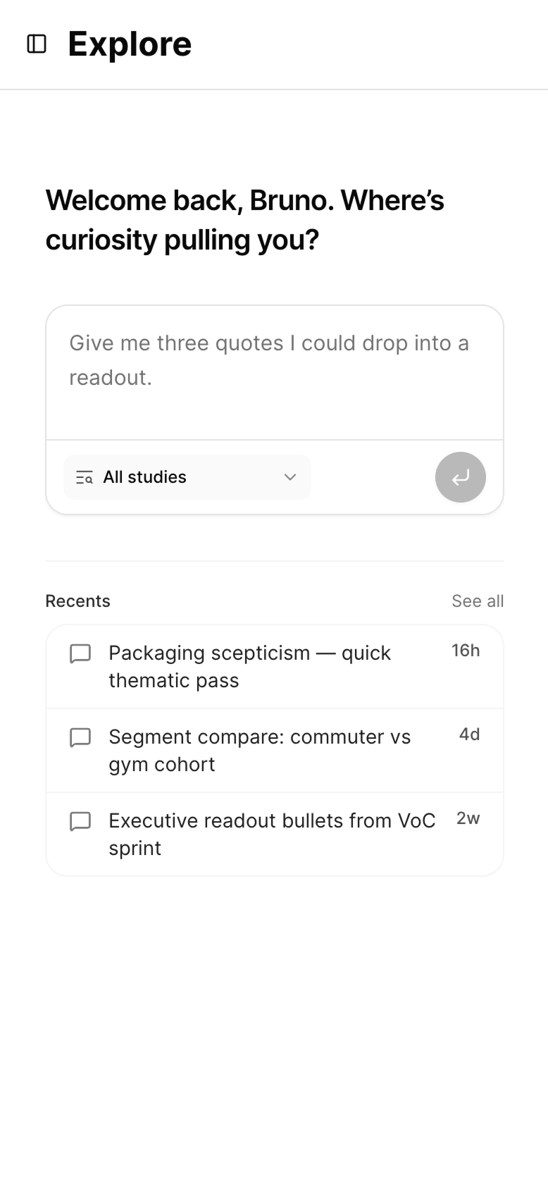 Ask your study: a question over all transcripts, with recent queries listed below