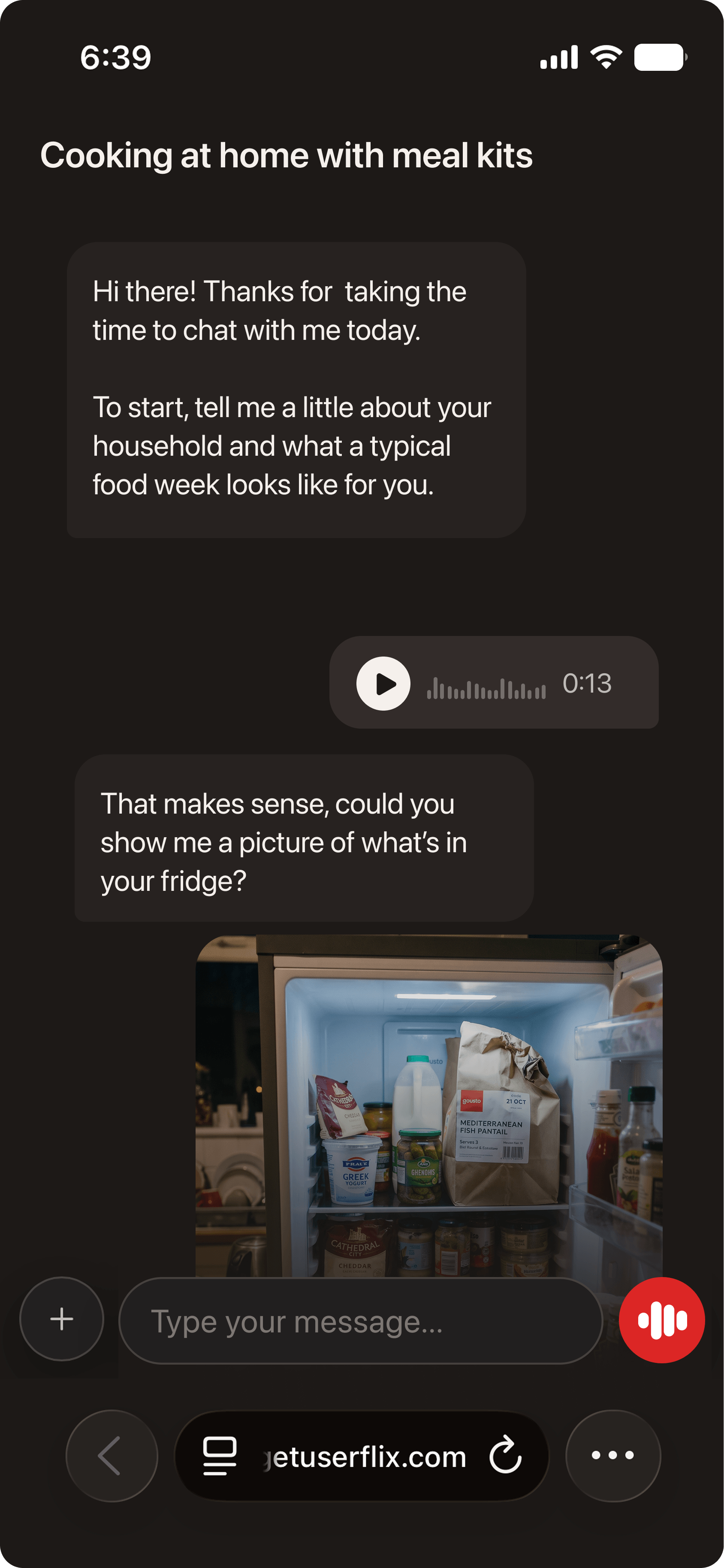 Messaging interview on a phone, with a voice note and a photo from the fridge